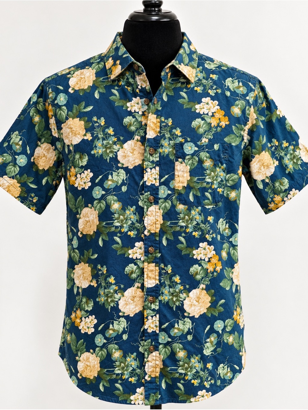 Men's Floral Short-Sleeve Button-Up Cotton Shirt - Blue Yellow Floral Hawaiian